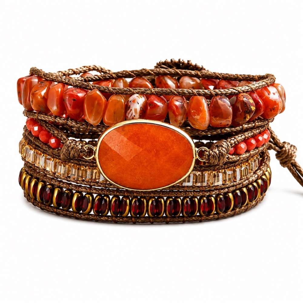 Boho Multi-Row Orange Stone Wrap Bracelet